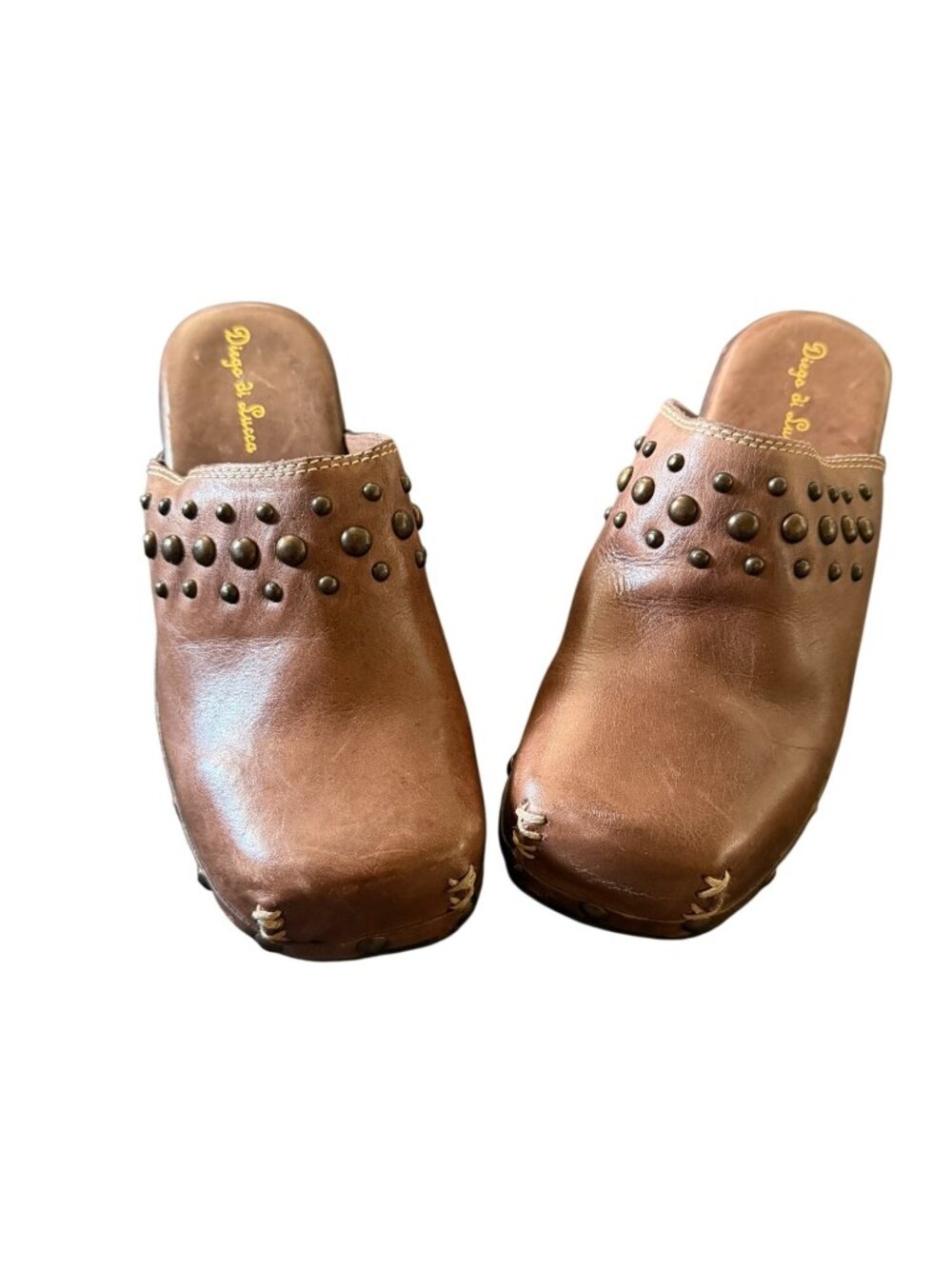 Diego Di Lucca Brown Leather Studded Platform Clogs Womens Size 9